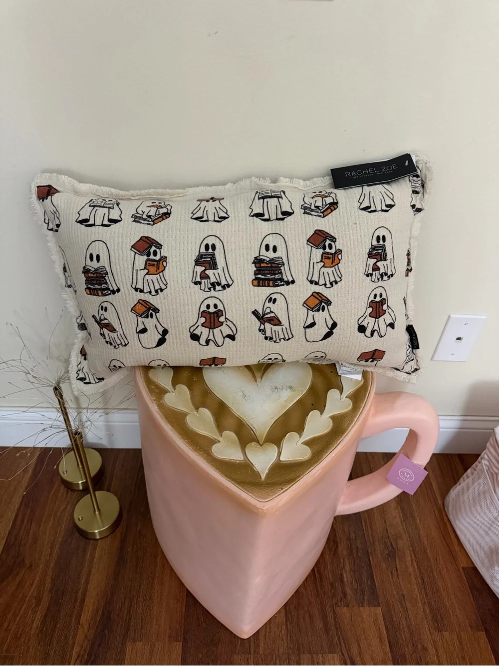 Rachel Zoe Cream Halloween Ghost Print Pillow with Orange and Black Accents